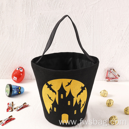 Reusable Collapsible Canvas Cotton Fabric Ghost Printing Halloween Favors Candy Holder Halloween Goody Bags with Handle